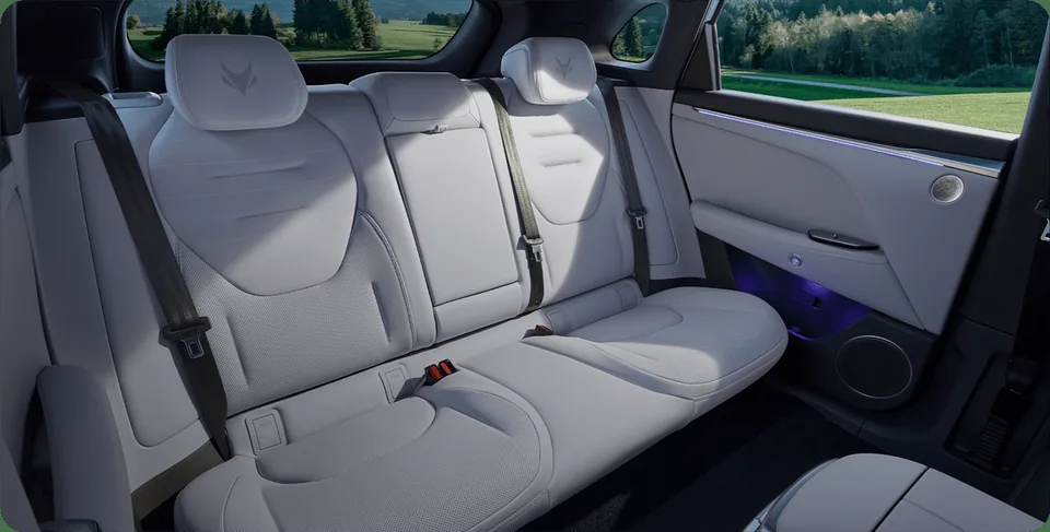 ARCFOX T5 rear bench in pale upholstery with a view of countryside through the side window